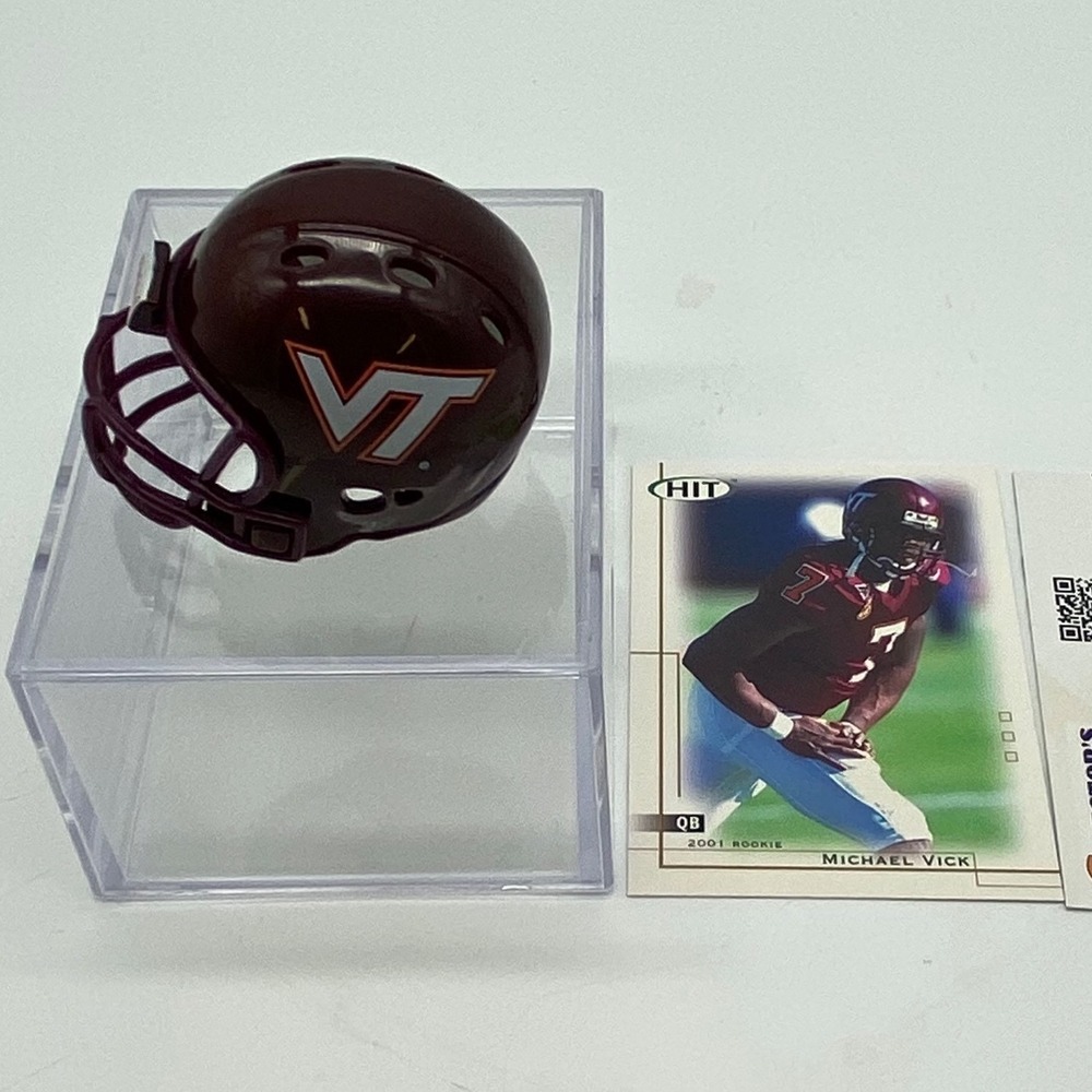 Riddell Virginia Tech Mini Helmet & HIT Michael Vick 2001 Rookie Card Maroon VT